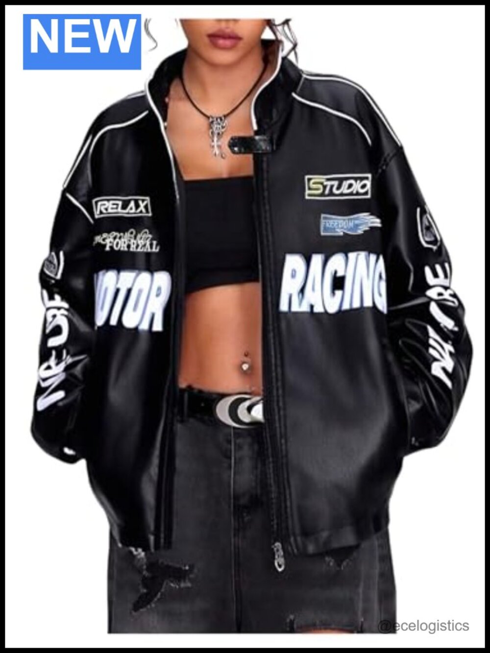Oversized Faux Leather Racer Jacket Y2k Streetwear